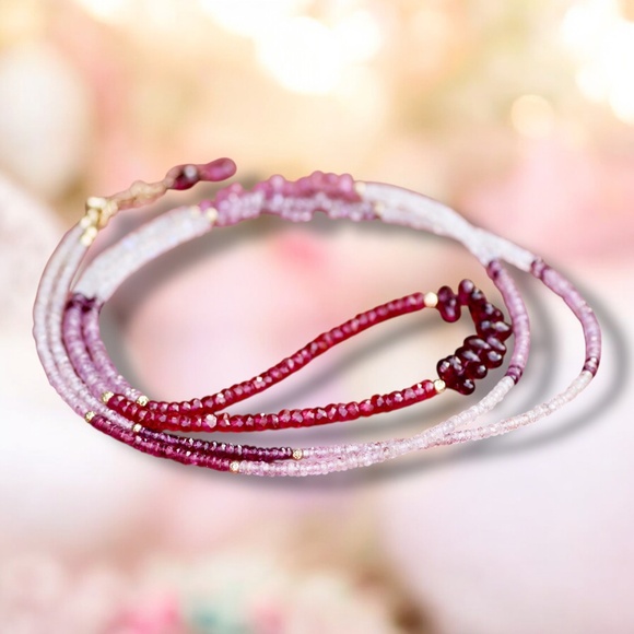 Rubellite Rhodolite Sapphire Necklace Bracelet, 14k Gold Gemstone Wrap 36.3"–37" - Picture 10 of 12